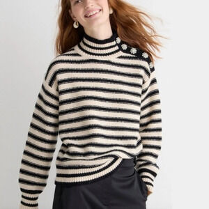 J.Crew Cableknit Mockneck Pullover In Stripe With Jewel Buttons